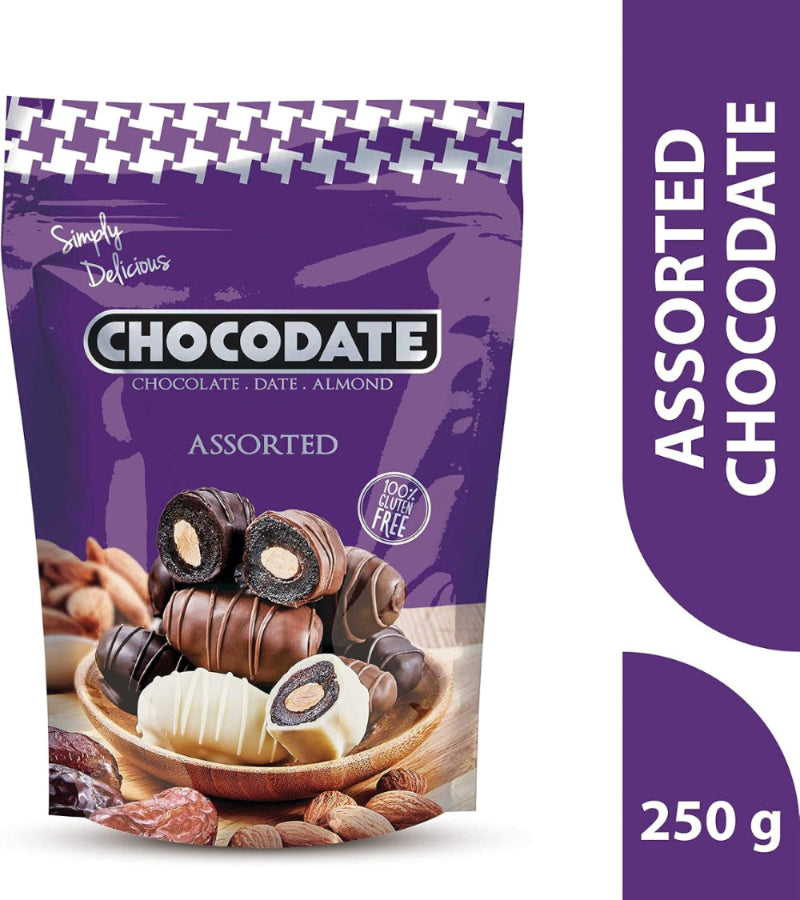 Chocodate Exclusive Assortment of 3 type of Chocodates White Dark And Milk Chocodate with Almond 250 Gms