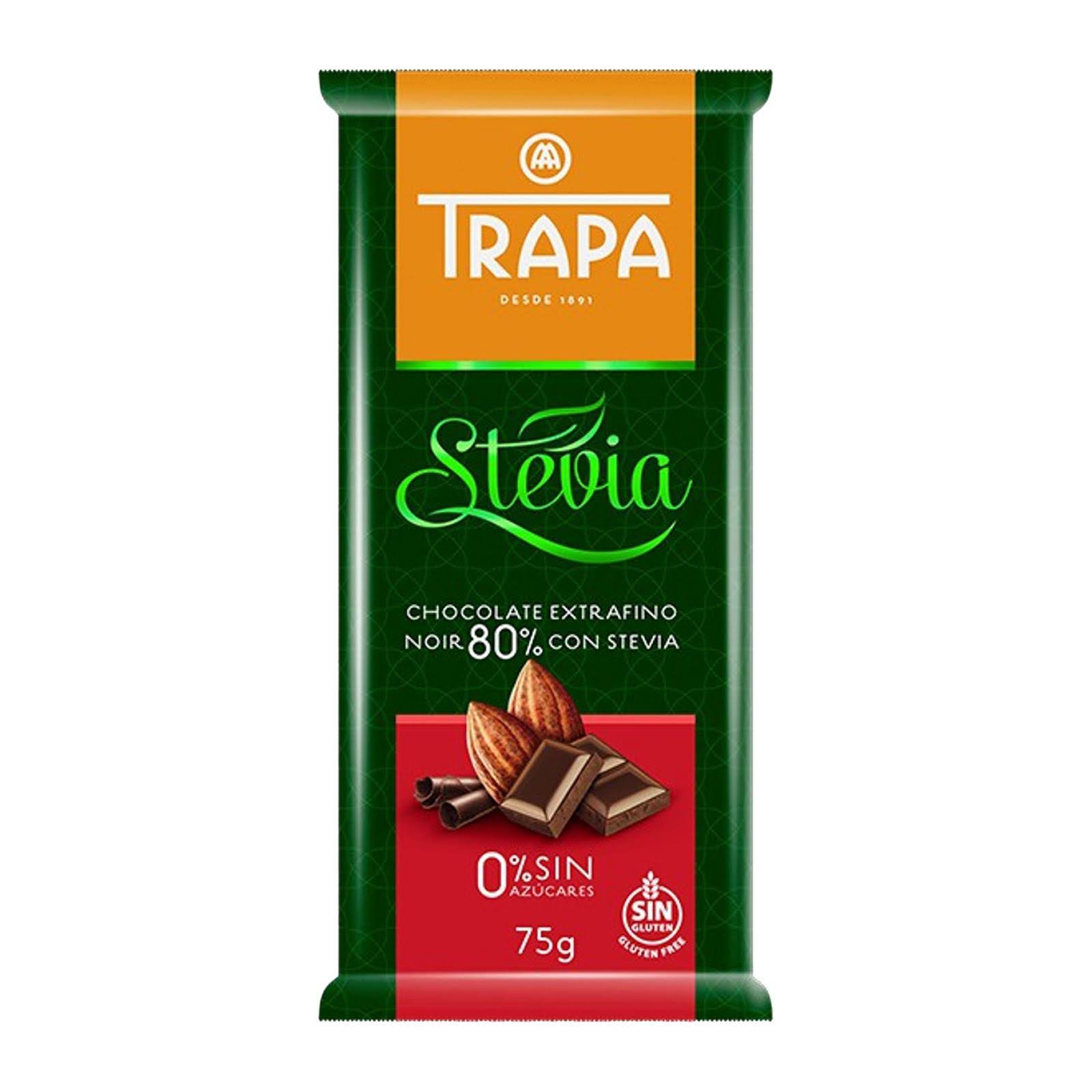 Trapa Noir 80 Percent Extra-Fine Chocolate Bar With Stevia Gluten-Free And 0 Percent Added Sugar. 75 Gms