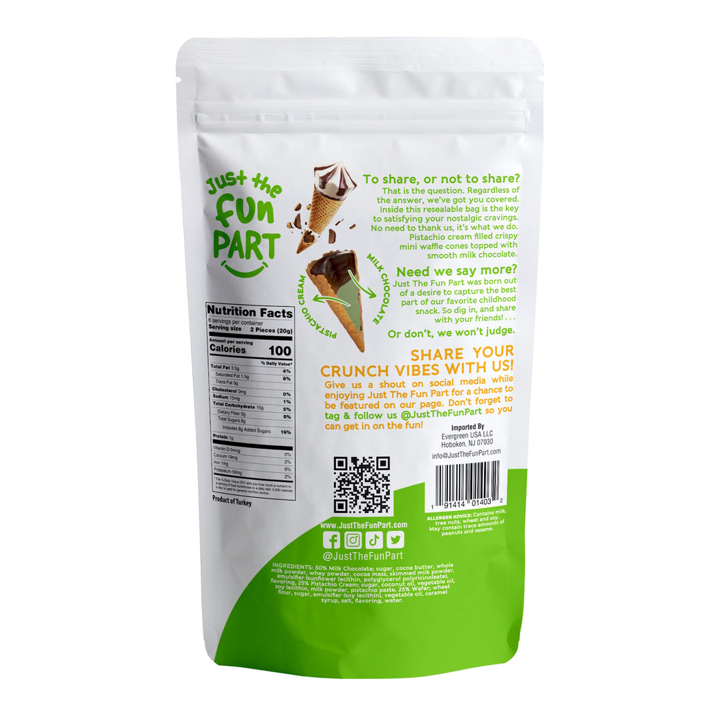 Fun Part Pistachio Cream & Milk Chocolate Waffle Cones 100 Gms