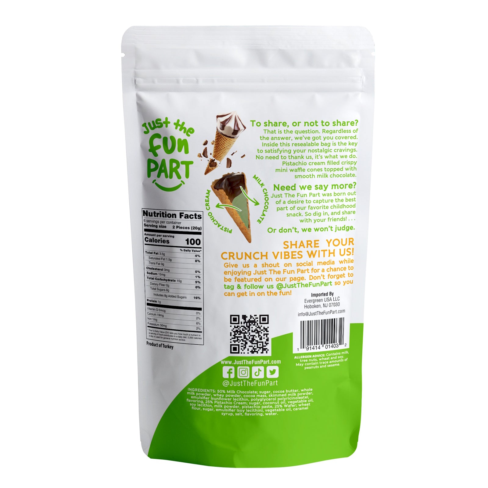 Fun Part Pistachio Cream & Milk Chocolate Waffle Cones 100 Gms