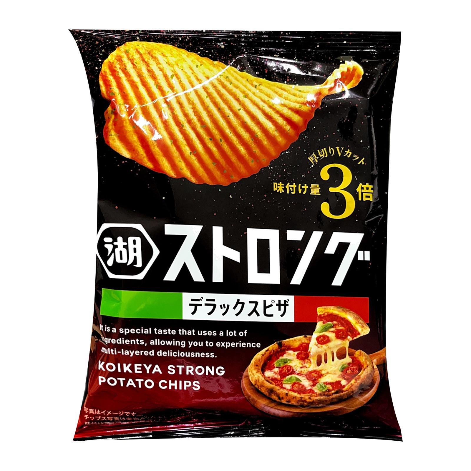 Koikeya Pure Japanese Potato Chips with Strongly Seasoned and Rippled Potato with Pizza Flavor.