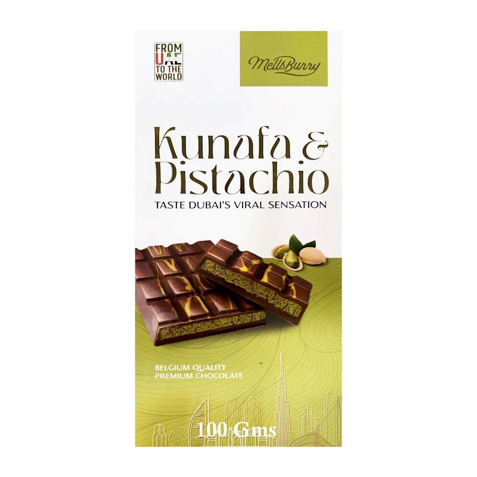 Mellsburry Belgium Premium Pistachio Kunafa Milk chocolate 100 Gms