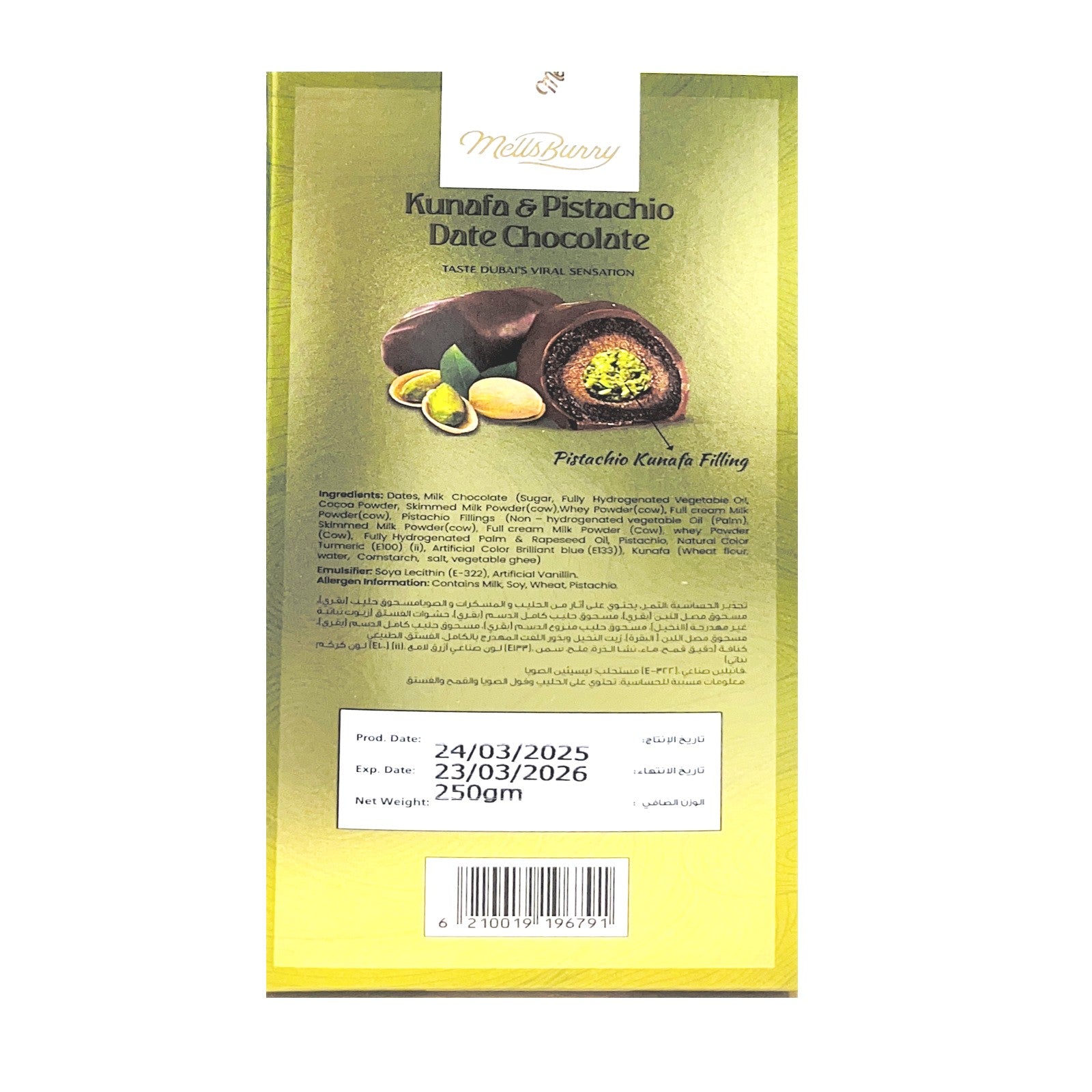 Mellsburry Kunafa & Pistachio Date Chocolate 250 Gms