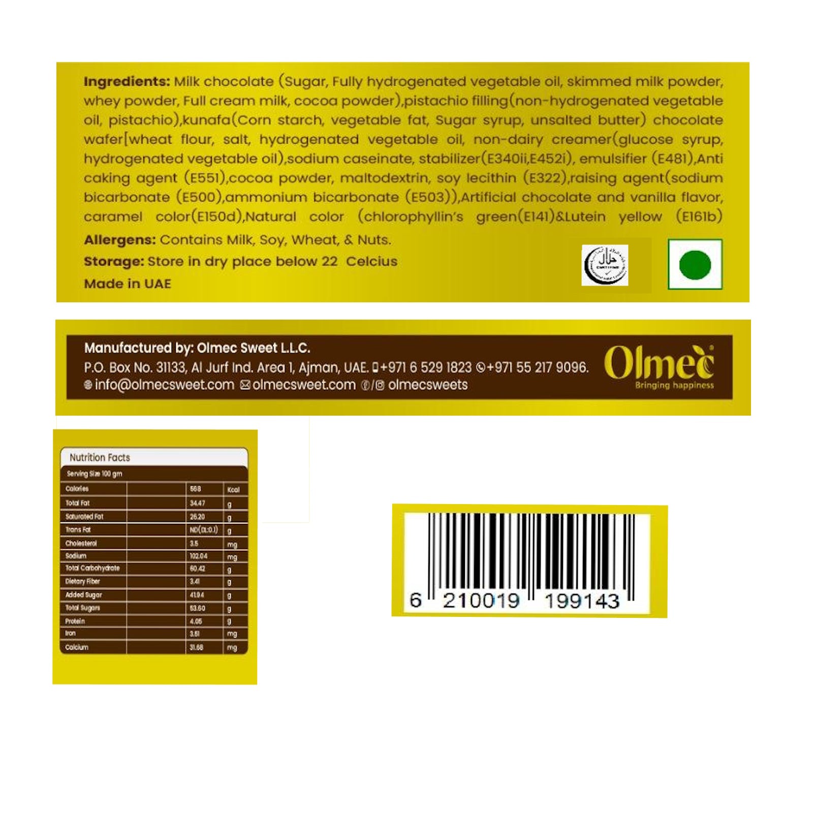 Arabian Treatz Premium Milk Chocolate Wafer with Pistachio & Kunafa 45 Gm