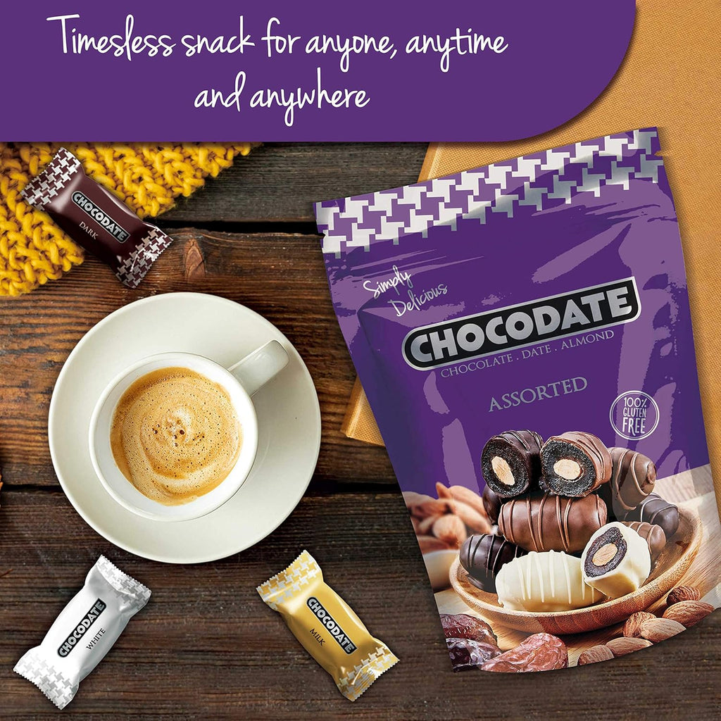 Chocodate Exclusive Assortment of 3 type of Chocodates White Dark And Milk Chocodate with Almond 250 Gms