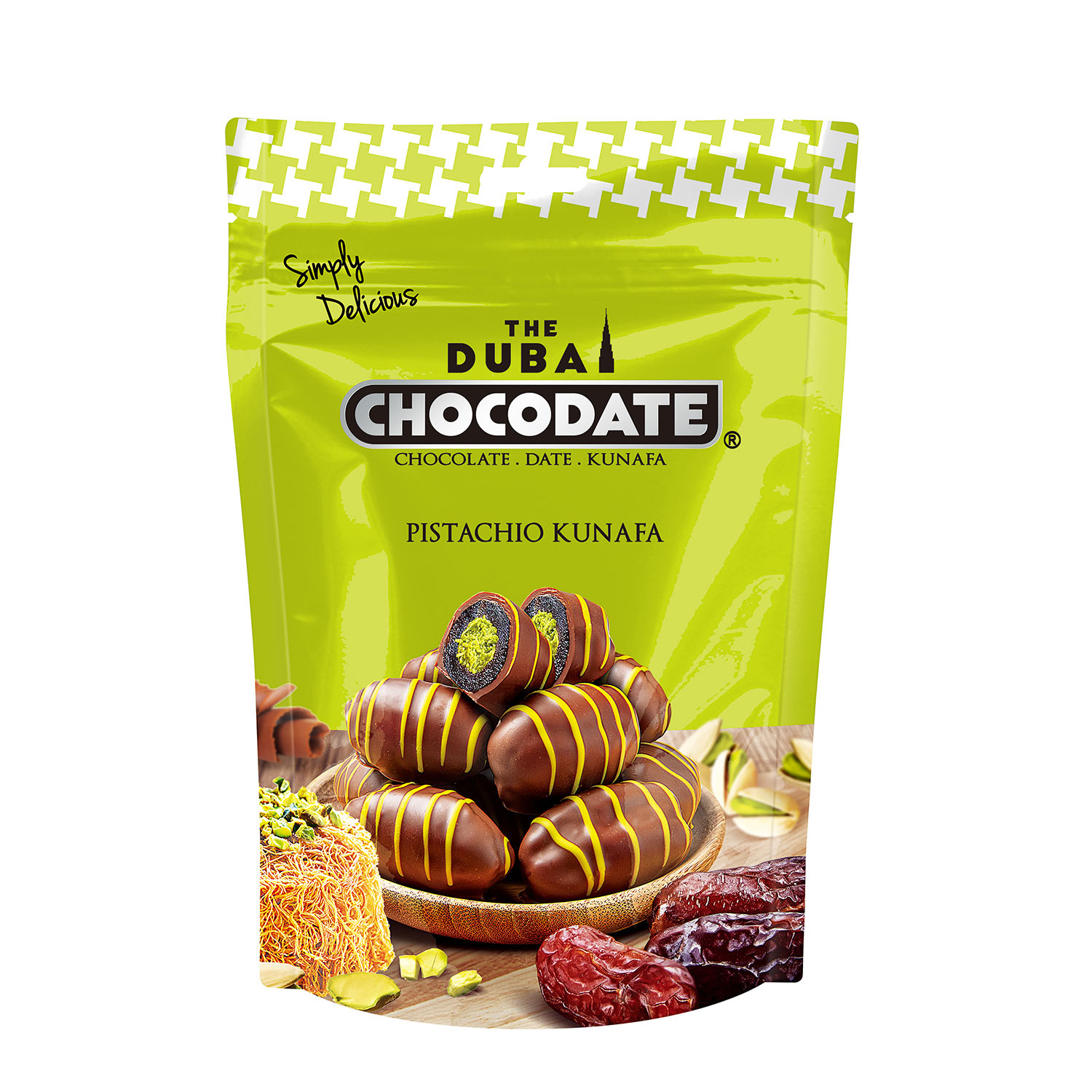 Chocodate Pistachio kunafa Milk Chocolate with Date 90 Gms