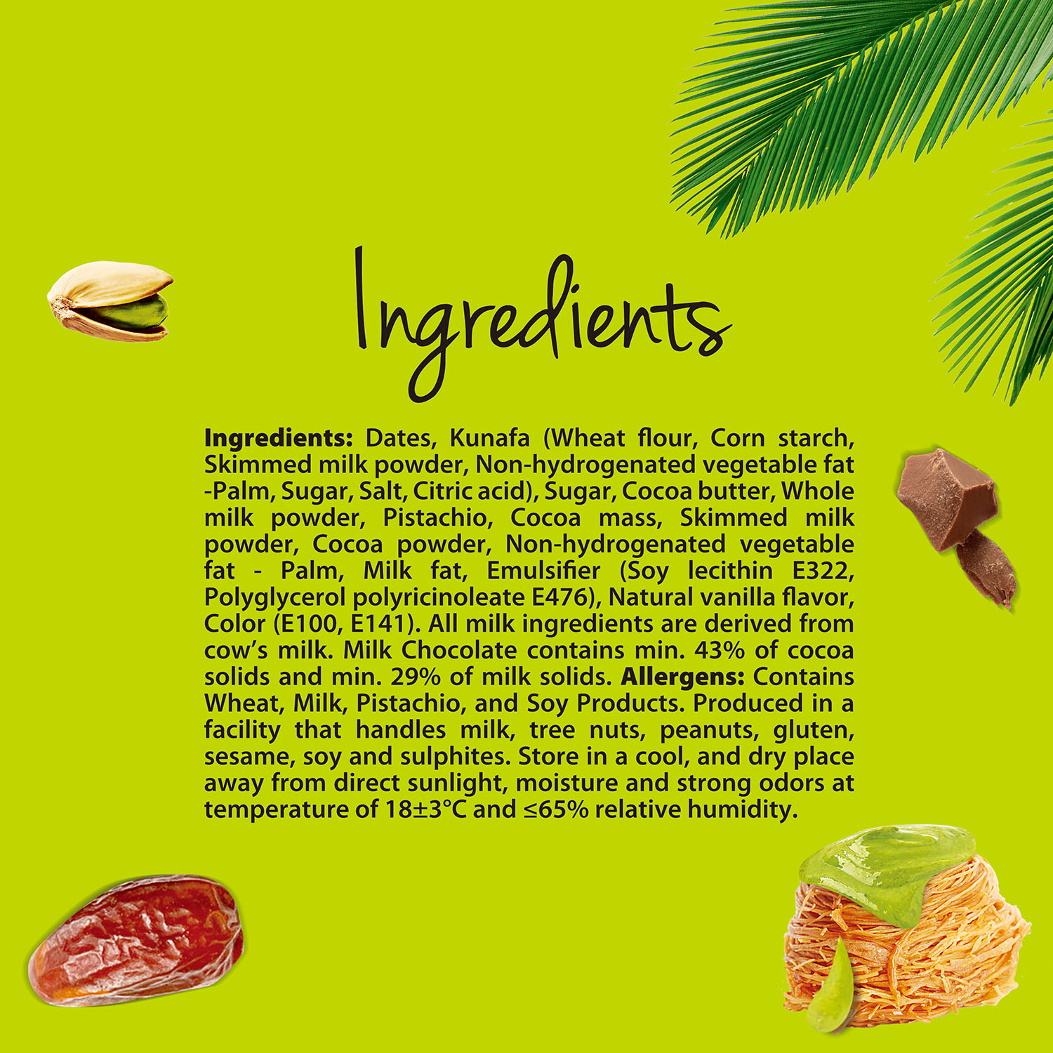 Chocodate Pistachio kunafa Milk Chocolate with Date 90 Gms