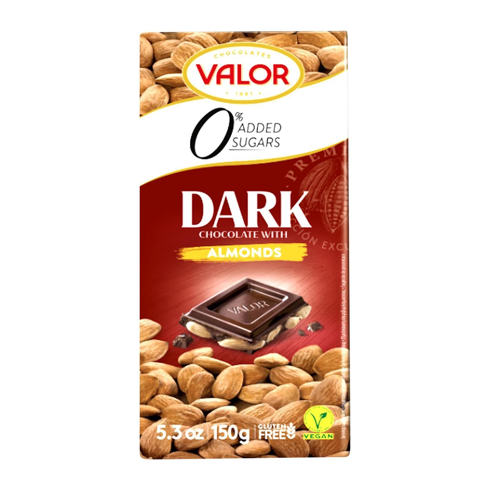 Valor Dark Chocolate with Almonds (No Sugar Added Gluten Free & Vegan) 150Gms