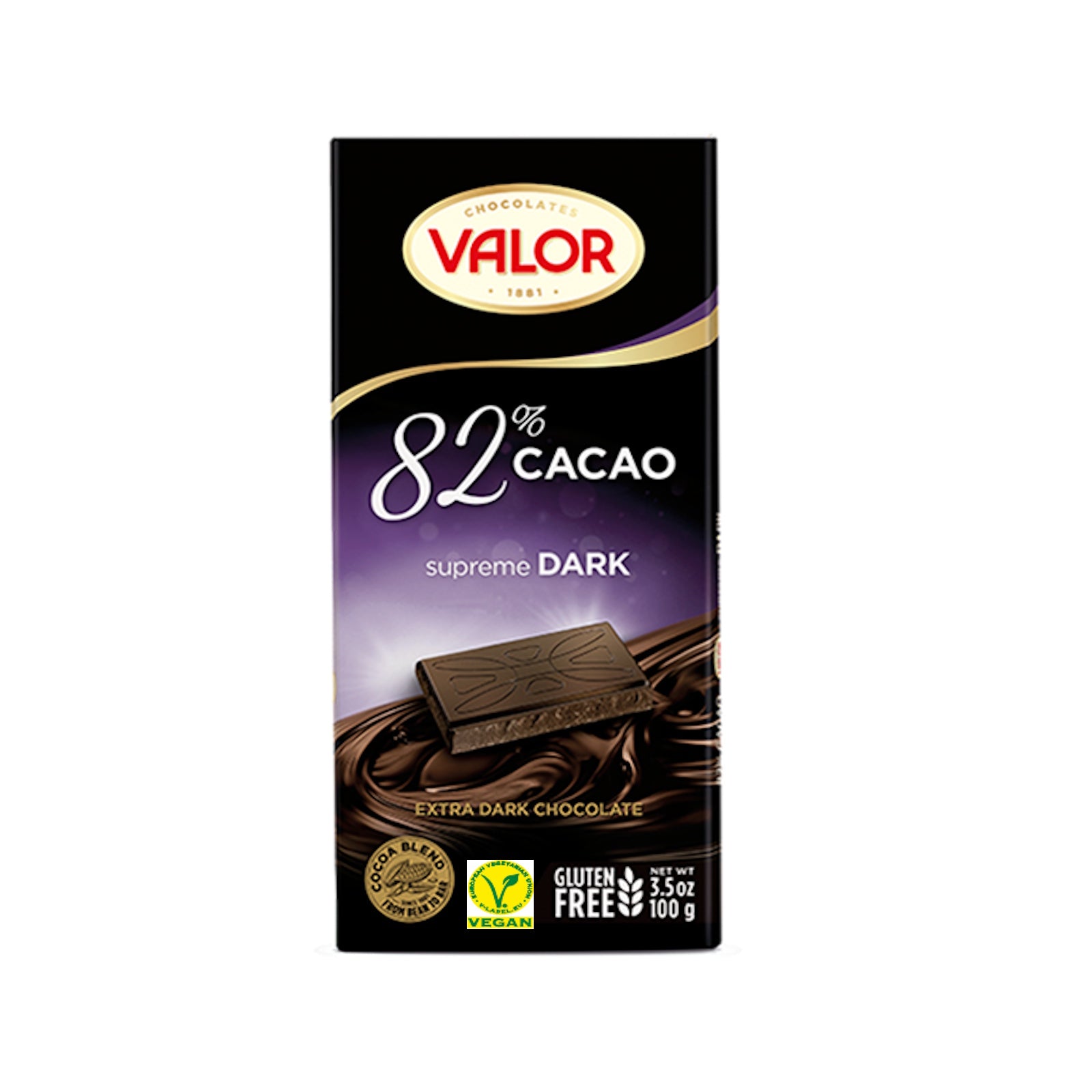Valor Supreme 82% Extra Dark Cocoa Chocolate Bar (Gluten Free & Vegan) 100 Gms