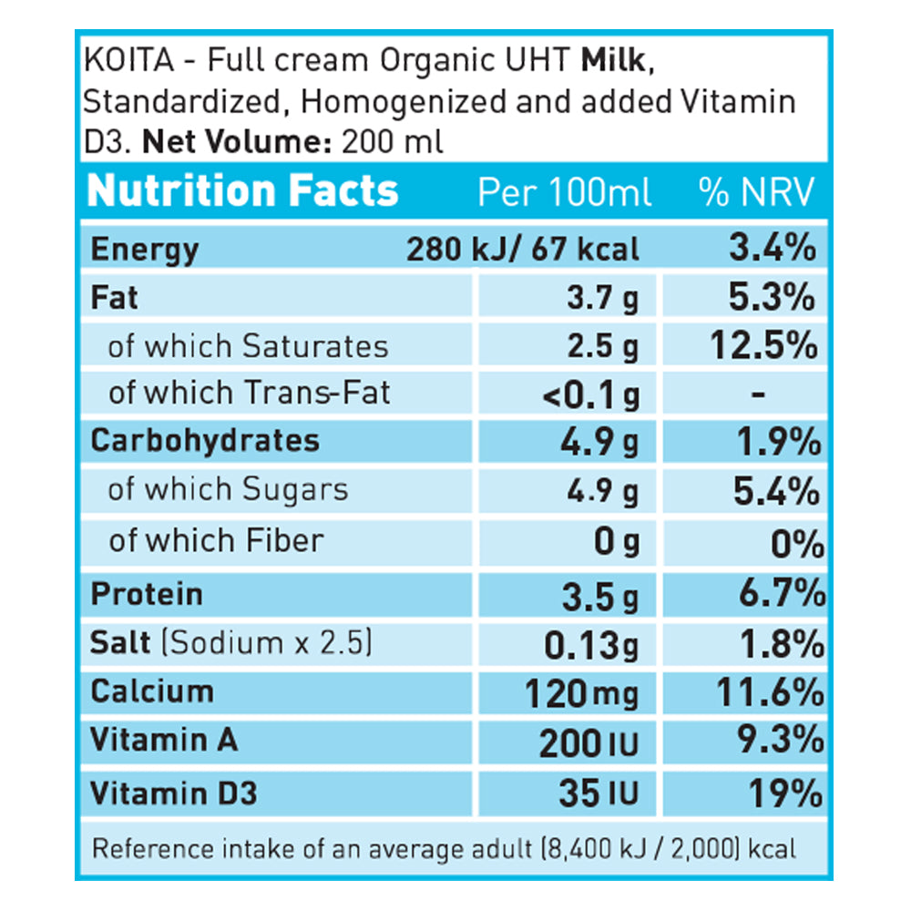 Koita Premium Organic Whole Milk 24 x 200 ml