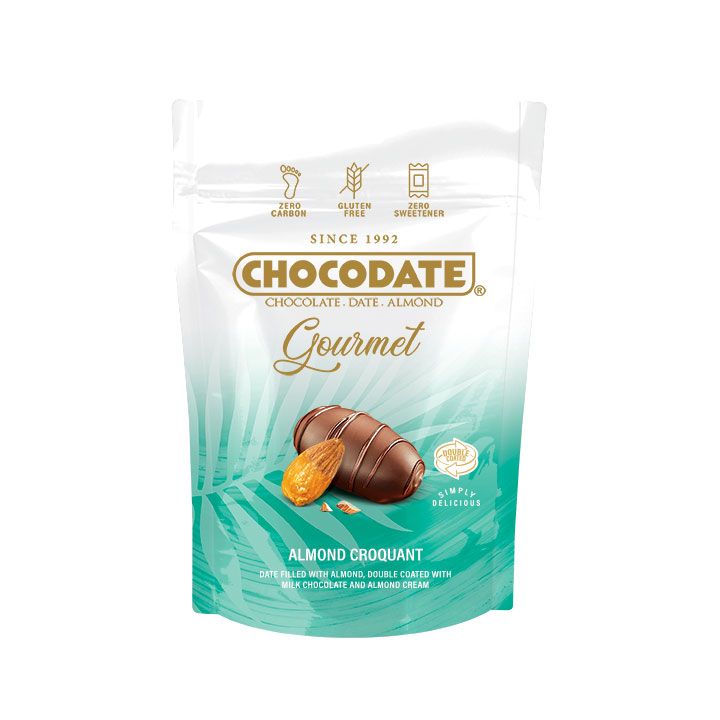 Gourmet Chocodate Almond Croquant Date Filled with Almond Double Coated Milk Chocolate and Almond Cream
