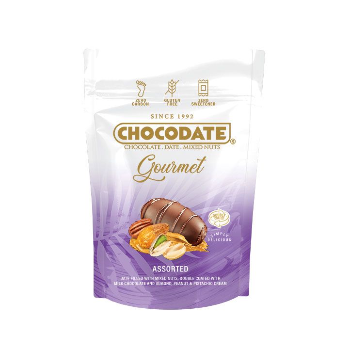 Gourmet Chocodate Assorted Date Filled with Mixed Nuts, Double Coated with Milk Chocolate and Almond , Peanut & Pistachio Cream