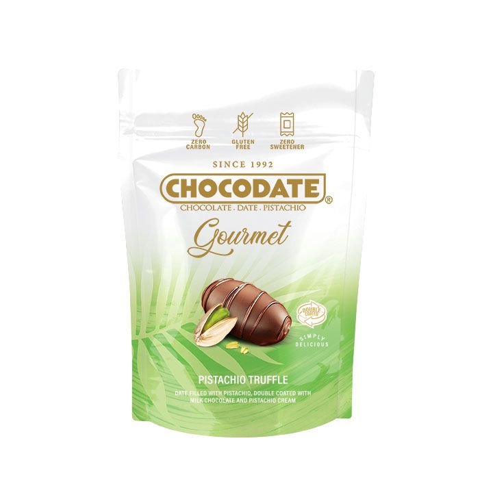 Gourmet Chocodate Pistachio Truffle Date Filled with Pistachio Double Coated Milk Chocolate and Pistachio Cream