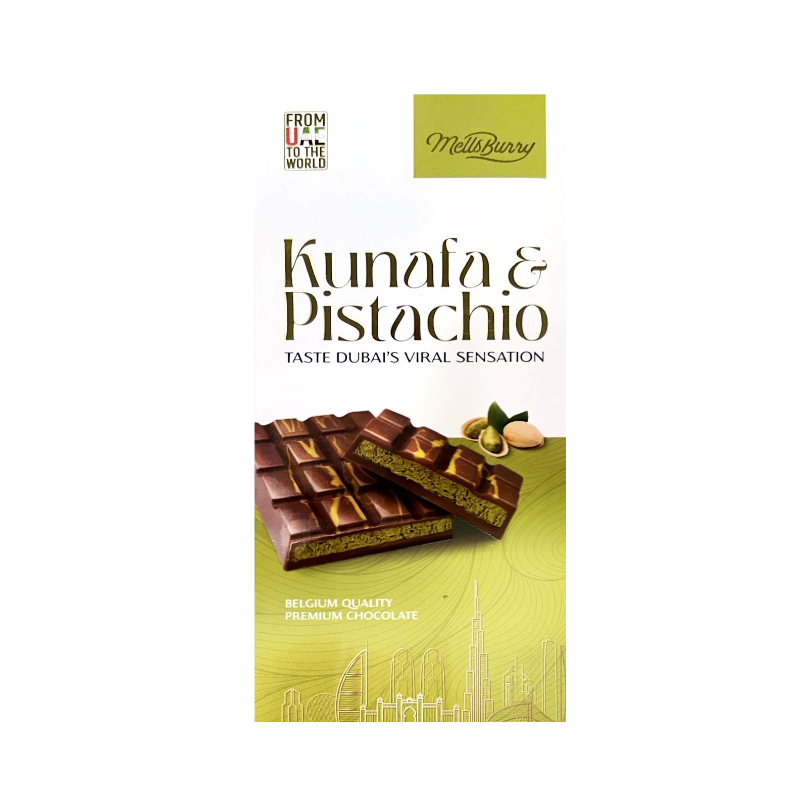 Mellsburry Belgium Premium Pistachio Kunafa Milk chocolate 200 Gms